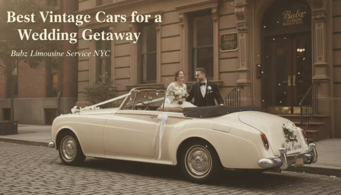 Newlyweds in a vintage convertible for a wedding getaway.