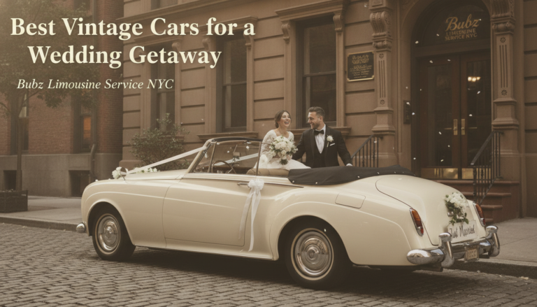 Newlyweds in a vintage convertible for a wedding getaway.