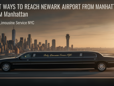 Black stretch limousine driving past the Manhattan skyline at sunset.