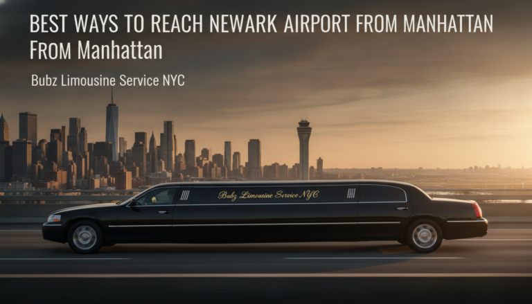 Black stretch limousine driving past the Manhattan skyline at sunset.