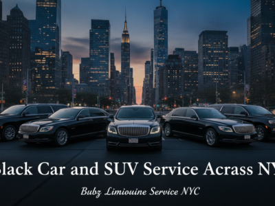 Luxury black cars and SUVs with NYC skyline backdrop.