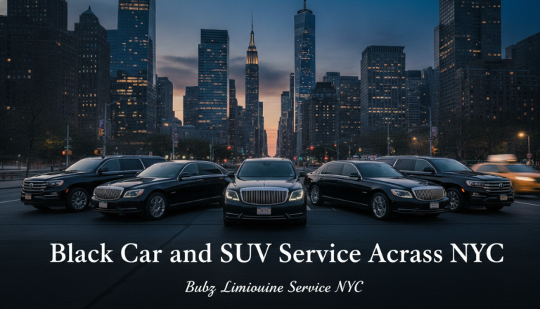 Luxury black cars and SUVs with NYC skyline backdrop.