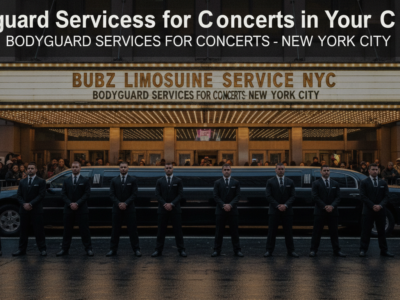 Bubz Limousine NYC bodyguard team standing before concert venue