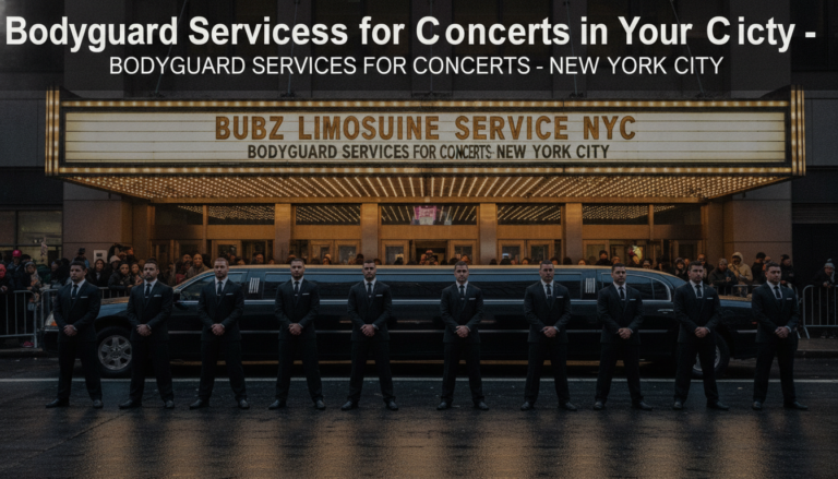 Bubz Limousine NYC bodyguard team standing before concert venue