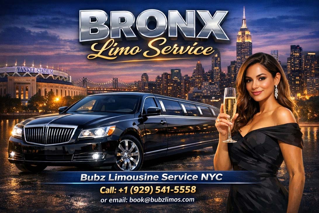 Bronx Limo Service ad with black limousine and NYC skyline