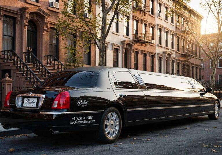 Black stretch limousine parked in front of brownstone buildings.