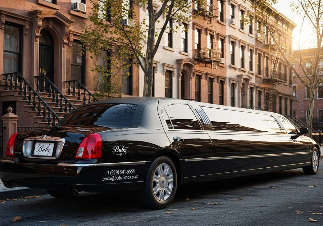 Black stretch limousine parked in front of brownstone buildings.