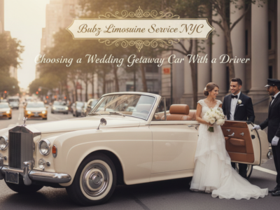 Wedding couple by a vintage getaway car with a chauffeur.