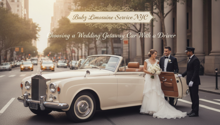 Wedding couple by a vintage getaway car with a chauffeur.