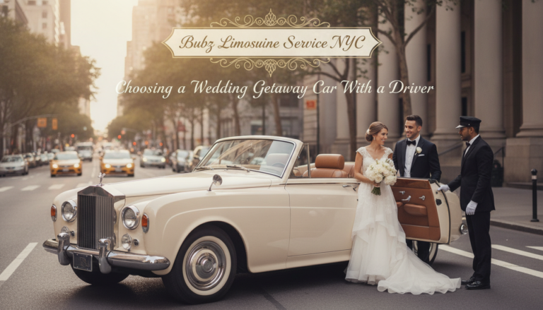 Wedding couple by a vintage getaway car with a chauffeur.
