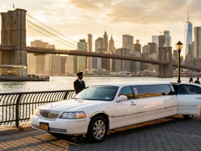 White stretch limousine parked by Brooklyn Bridge at sunset