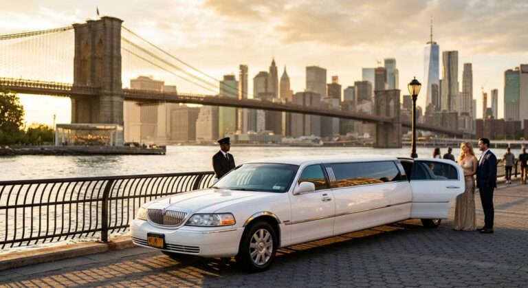 White stretch limousine parked by Brooklyn Bridge at sunset