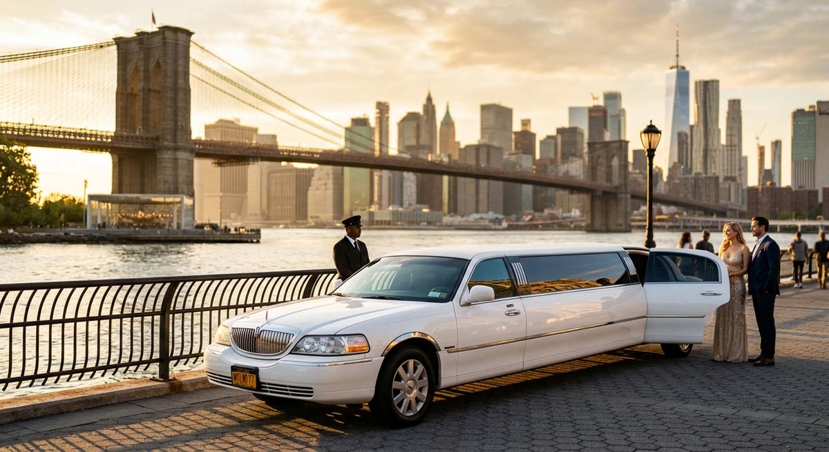 White stretch limousine parked by Brooklyn Bridge at sunset