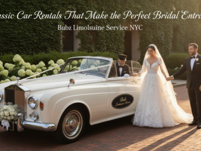Bride and groom with a classic white vintage wedding car.