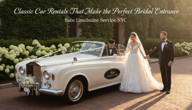 Bride and groom with a classic white vintage wedding car.