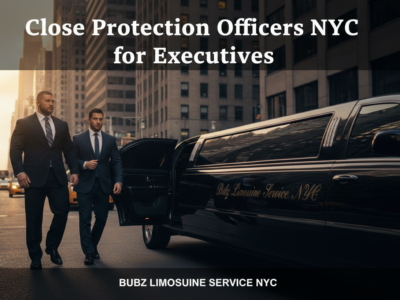 Close protection officers escorting executive near NYC limousine