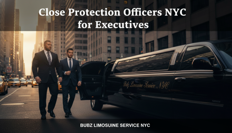 Close protection officers escorting executive near NYC limousine