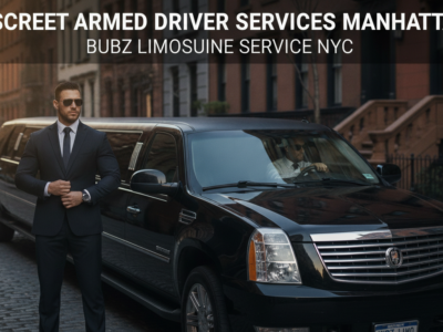 Armed driver standing beside black luxury SUV limousine Manhattan