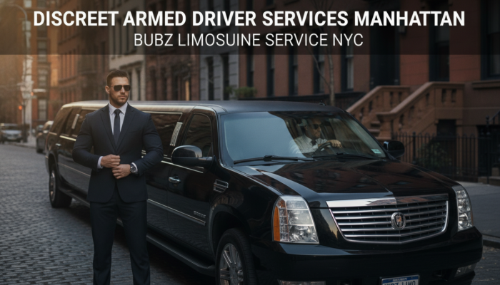 Armed driver standing beside black luxury SUV limousine Manhattan