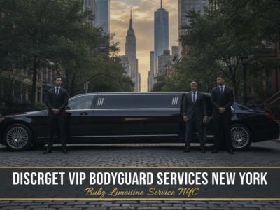 VIP bodyguards standing beside black stretch limousine in NYC
