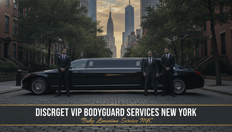 VIP bodyguards standing beside black stretch limousine in NYC