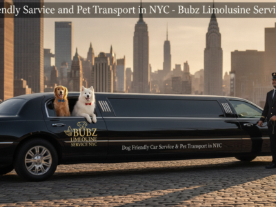 Two dogs in a limousine with NYC skyline and chauffeur.