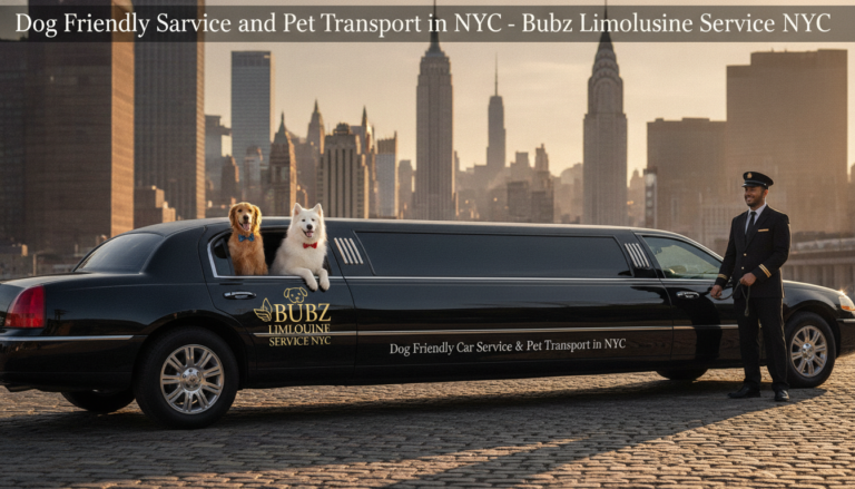 Two dogs in a limousine with NYC skyline and chauffeur.