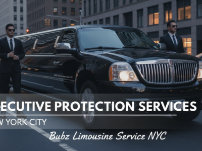 Executive protection agents beside black stretch limousine in NYC