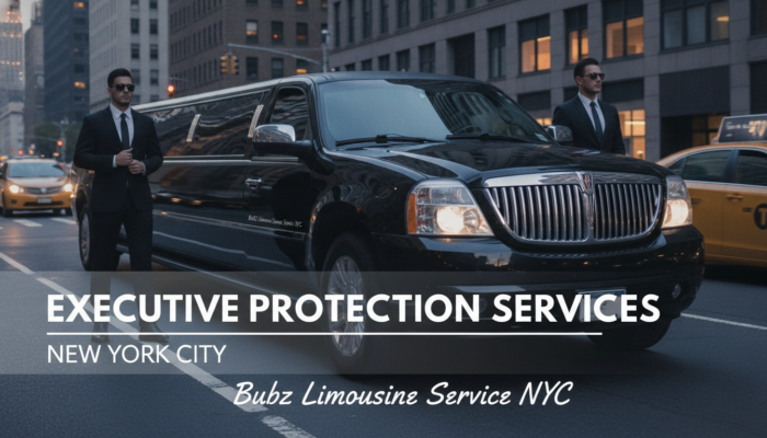 Executive protection agents beside black stretch limousine in NYC