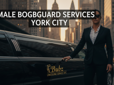 Female bodyguard beside black limo in New York City