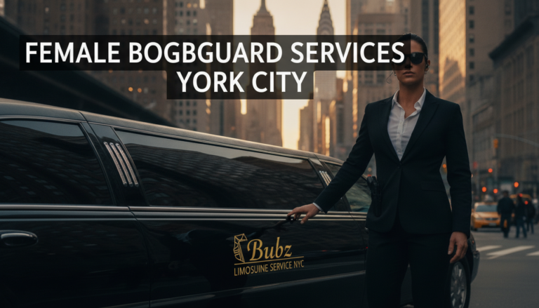Female bodyguard beside black limo in New York City