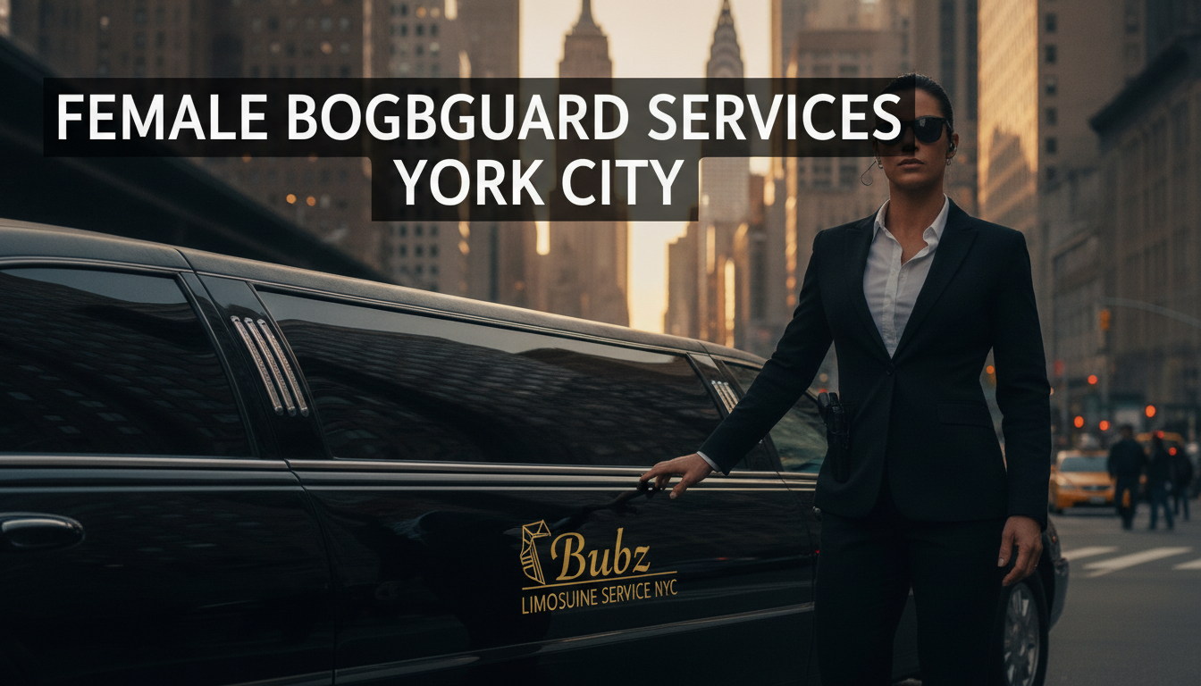 Female bodyguard beside black limo in New York City