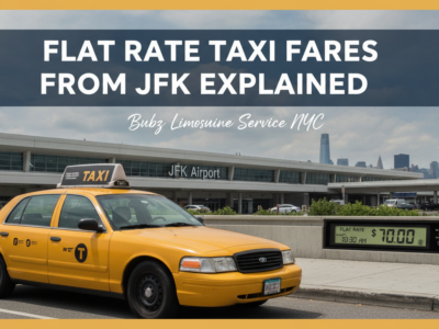 Yellow NYC taxi at JFK Airport with flat rate information.