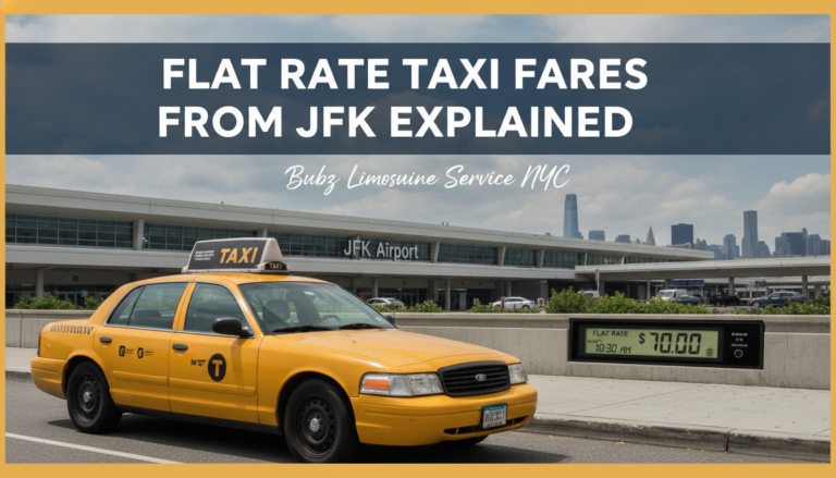 Yellow NYC taxi at JFK Airport with flat rate information.