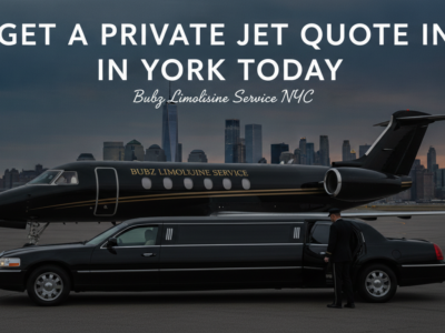Private jet and stretch limousine with New York City skyline