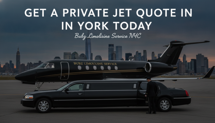 Private jet and stretch limousine with New York City skyline