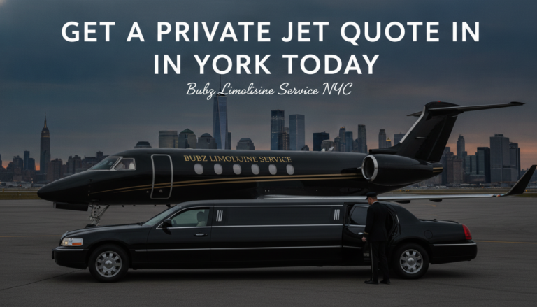 Private jet and stretch limousine with New York City skyline