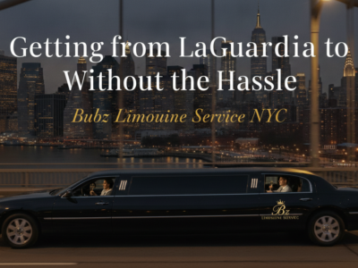Bubz Limousine Service black limo with New York skyline background.