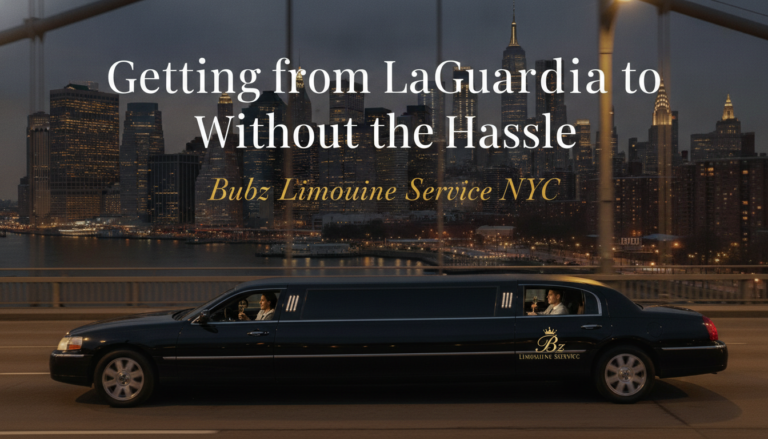 Bubz Limousine Service black limo with New York skyline background.