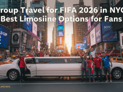 Soccer fans with a stretch limousine in Times Square NYC.