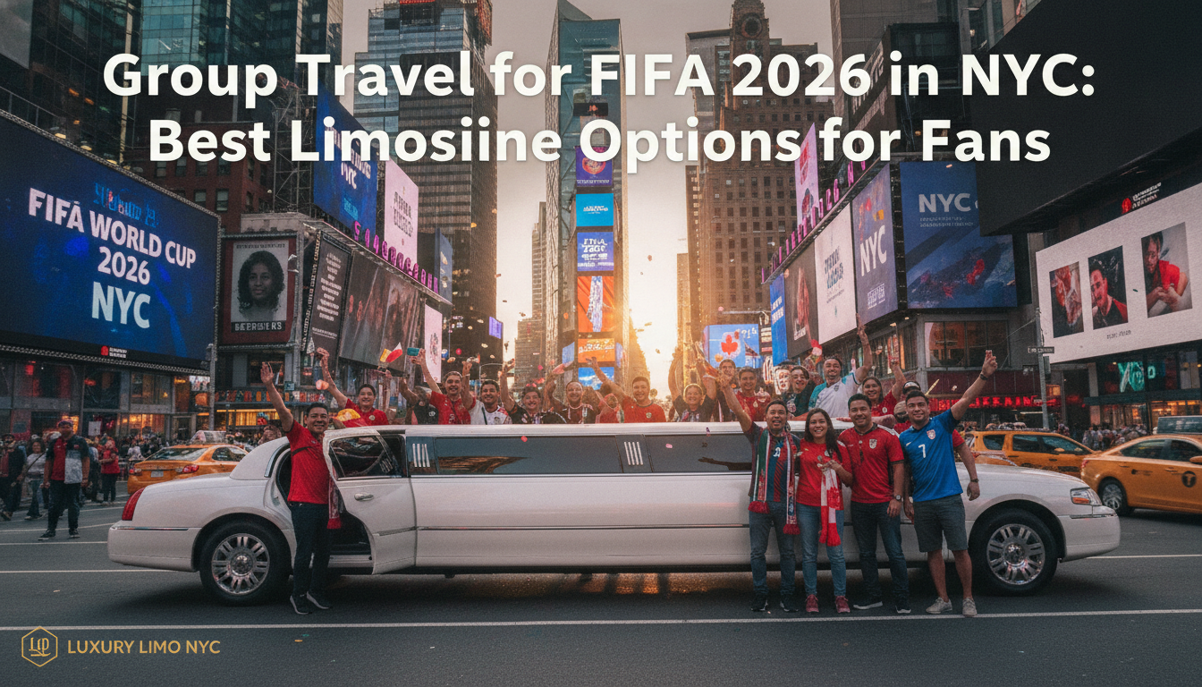 Soccer fans with a stretch limousine in Times Square NYC.