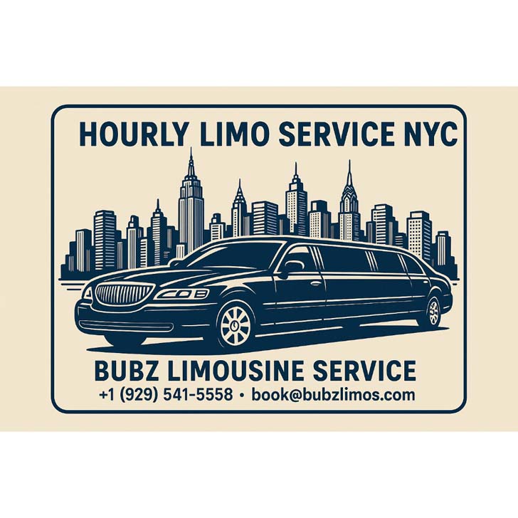 Hourly limo service NYC advertisement with limousine and city skyline.