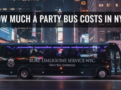 Black party bus in Times Square, New York City night.