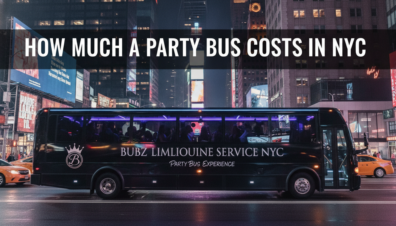 Black party bus in Times Square, New York City night.