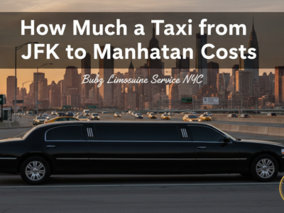 Black stretch limousine with NYC skyline and taxi cost text.