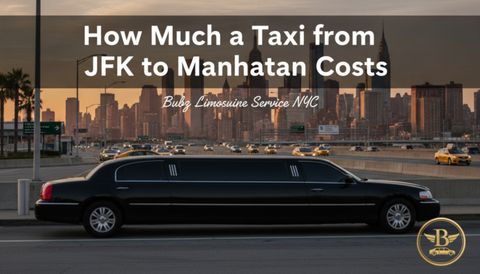Black stretch limousine with NYC skyline and taxi cost text.