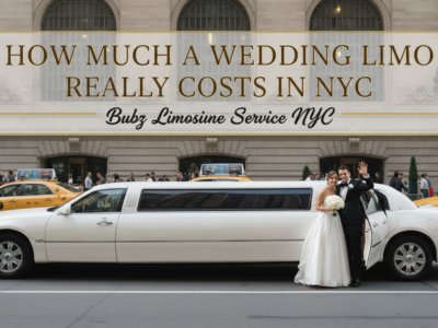 White stretch wedding limo with bride and groom in NYC