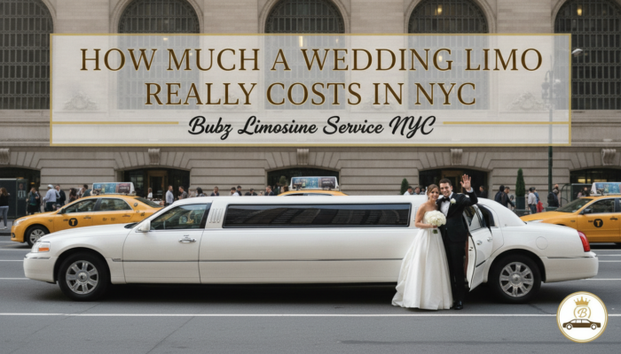 White stretch wedding limo with bride and groom in NYC