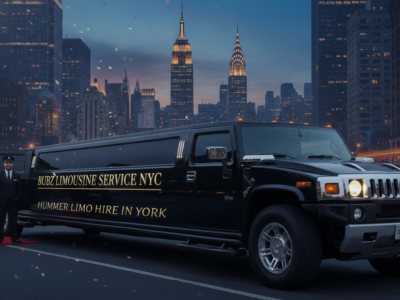 Black stretch Hummer limousine with chauffeurs and NYC skyline.