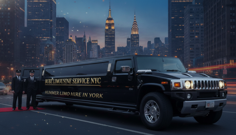 Black stretch Hummer limousine with chauffeurs and NYC skyline.